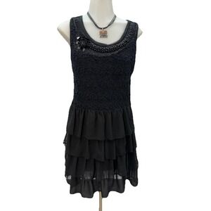 FORLA PARIS Black Beaded Ruffle Dress Sleeveless Layered Size Large‎ Embellished
